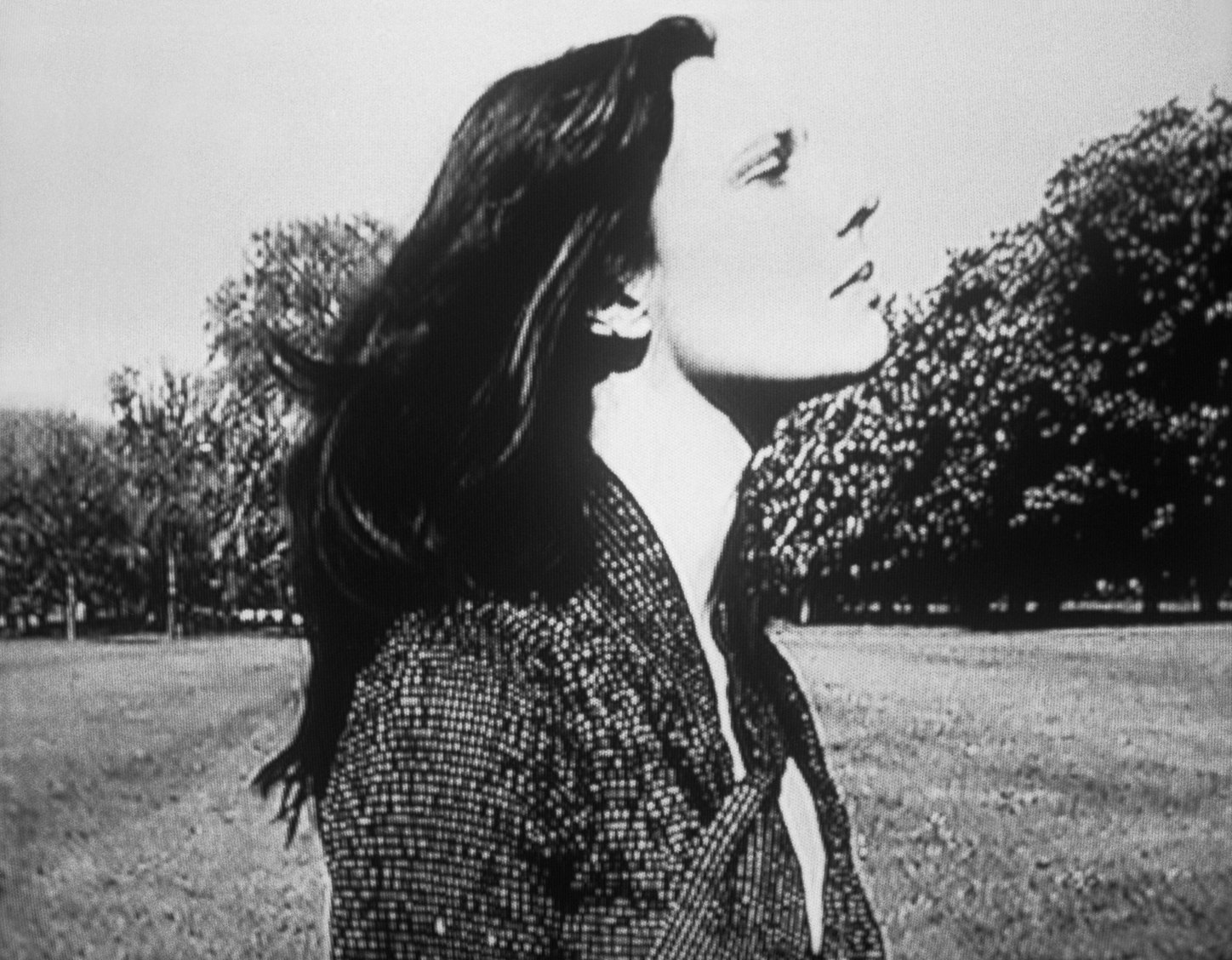 Laetitia Sadier, en blanco y negro, de perfil, con la cabeza echada hacia atrás y el pelo largo al viento, ante unos árboles.
