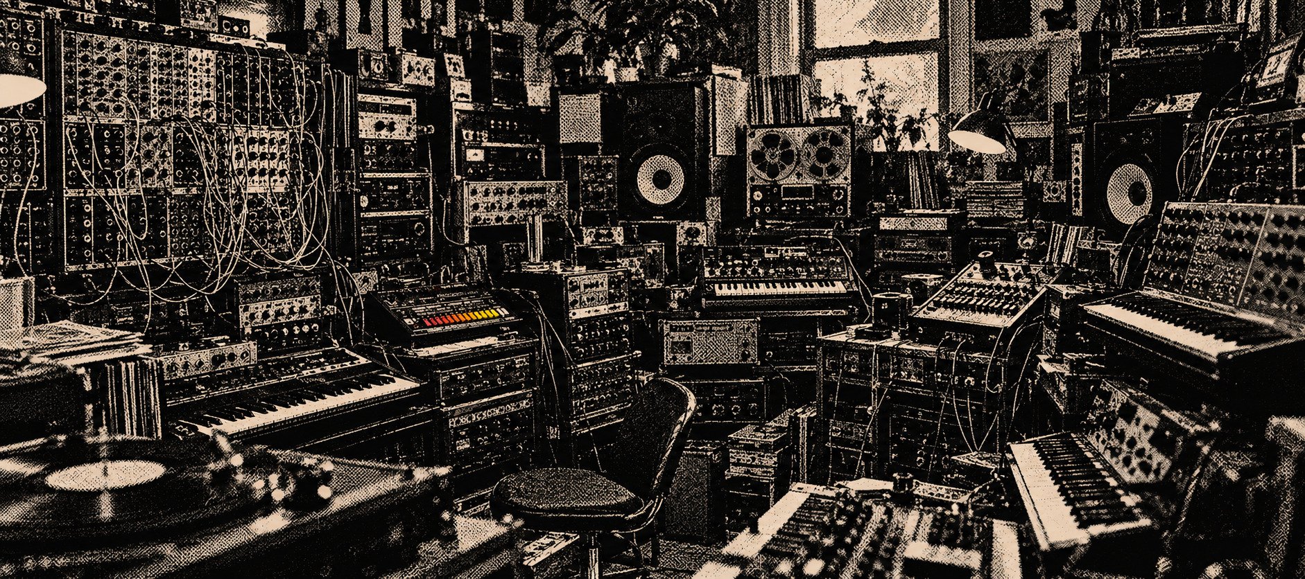 Un estudio abarrotado de sintetizadores modulares, teclados, cajas de ritmos, altavoces, un magnetófono de cinta y un tocadiscos, con una silla en el centro y una ventana al fondo.