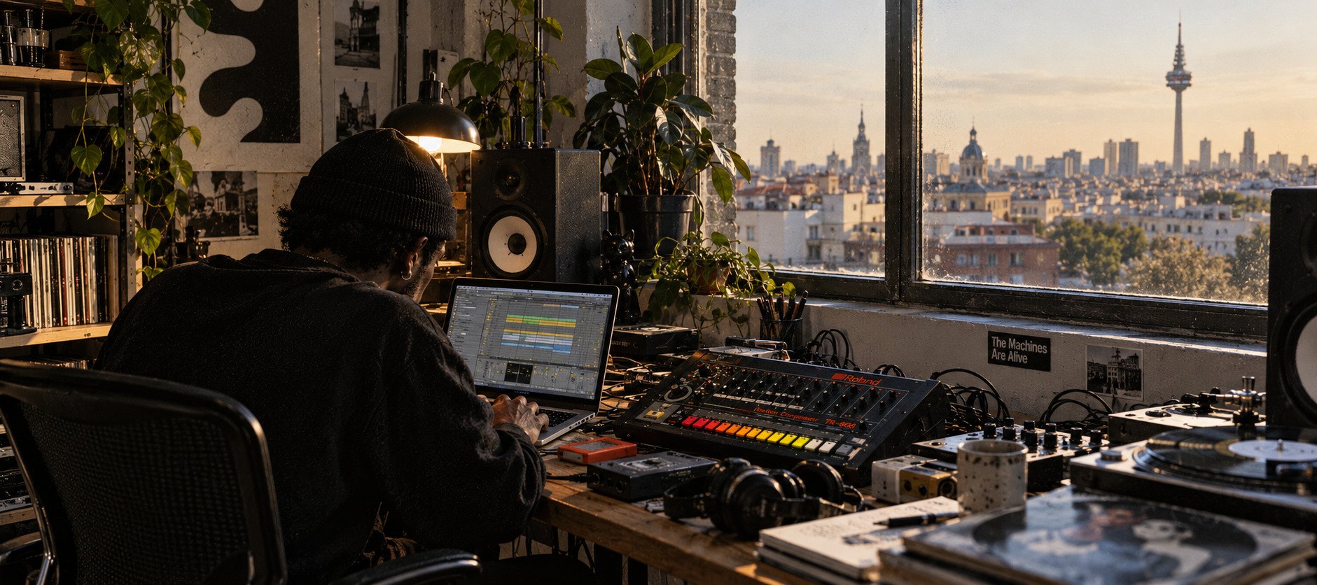 Un productor con gorro, de espaldas, trabaja con un portátil junto a una caja de ritmos Roland, unos auriculares y un tocadiscos, ante una ventana con vistas a una ciudad al atardecer.