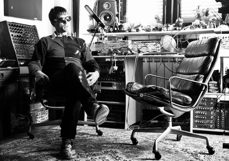 Kember today, surrounded by the same machinery with which he still treats sound as raw material.
