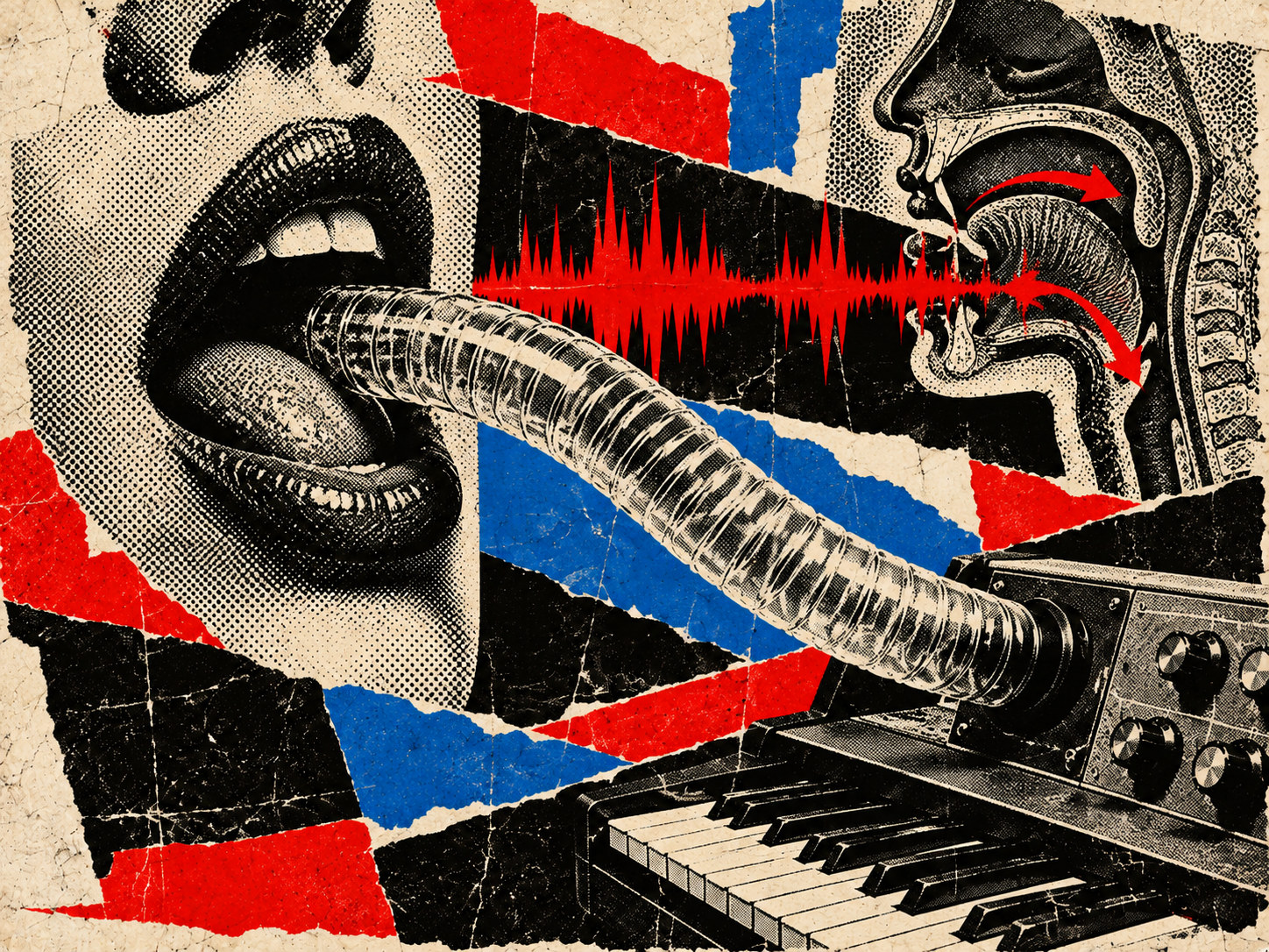 Ilustración en collage: una boca abierta con un tubo de plástico transparente que sale de un sintetizador de teclas y entra en ella, junto a un esquema de la garganta y una onda sonora roja.
