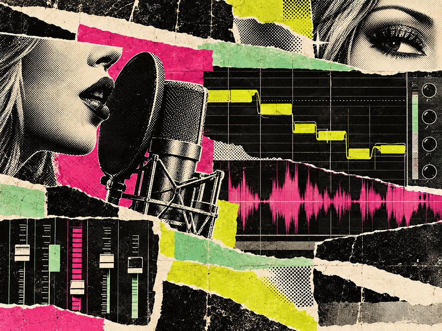 Ilustración en collage: una mujer de perfil ante un micrófono de estudio con filtro antipop, junto a una interfaz de afinación con notas en escalones amarillos y una onda sonora rosa.