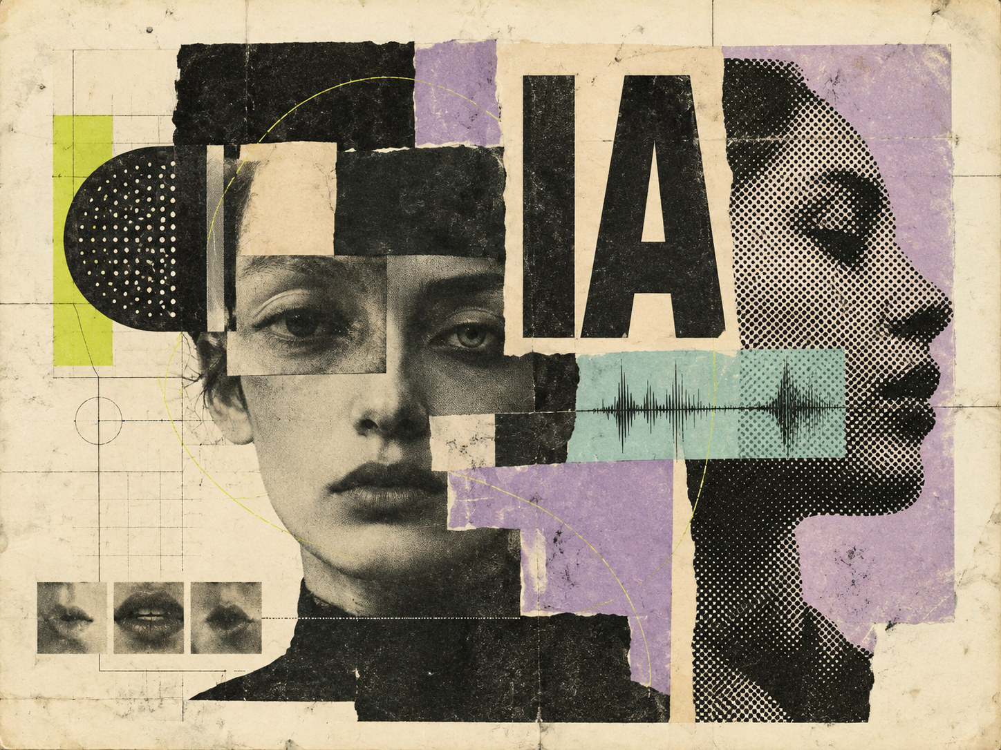 Ilustración en collage: un rostro de mujer fragmentado, tres bocas pequeñas, una onda sonora sobre fondo turquesa, las letras «IA» en negro y una silueta de perfil en trama de puntos.