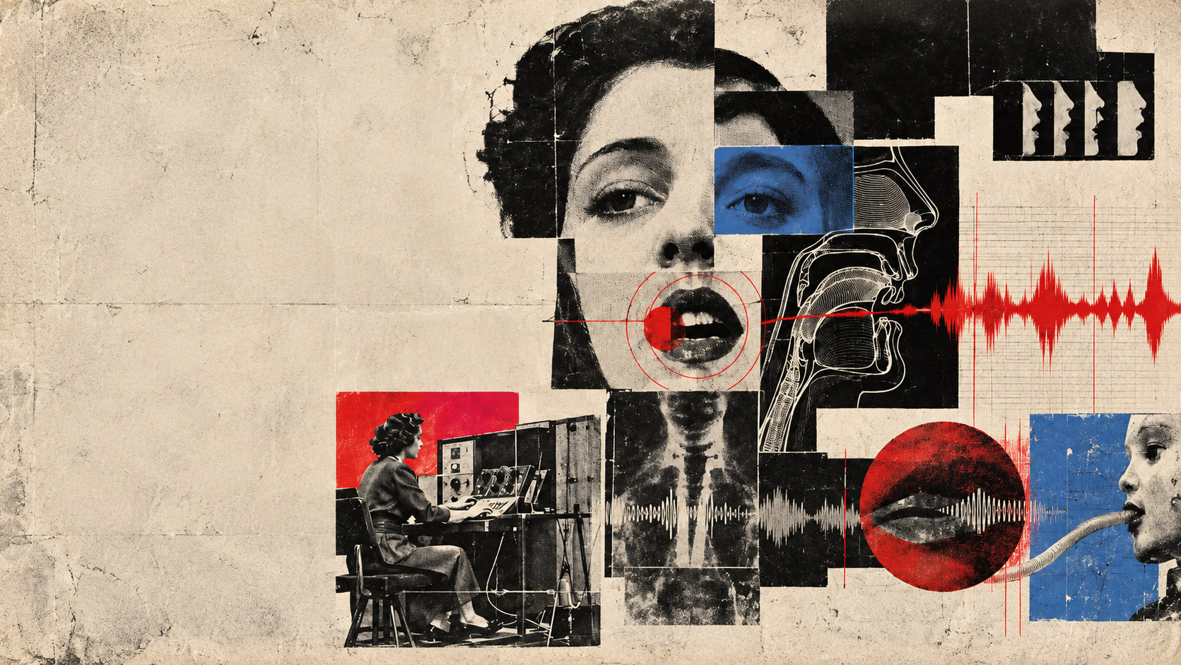 Collage de una mujer ante una consola de 1939, un gran rostro con la boca abierta, un esquema del aparato fonador, ondas sonoras rojas y una figura con un tubo flexible en la boca.