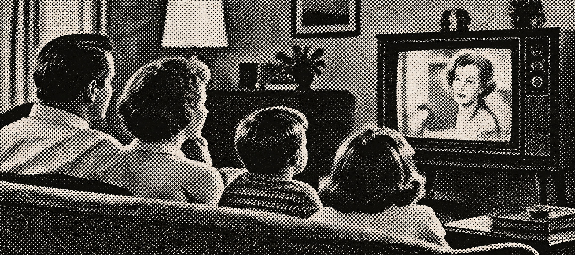 Ilustración en blanco y negro con trama de semitonos: una familia de espaldas, con dos adultos y dos niños, sentada en un sofá ante un televisor en cuya pantalla aparece el rostro de una mujer.