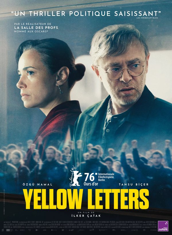 Poster for Yellow Letters, directed by İlker Çatak: a woman in profile and a man in glasses in the foreground, above a crowd with raised fists.